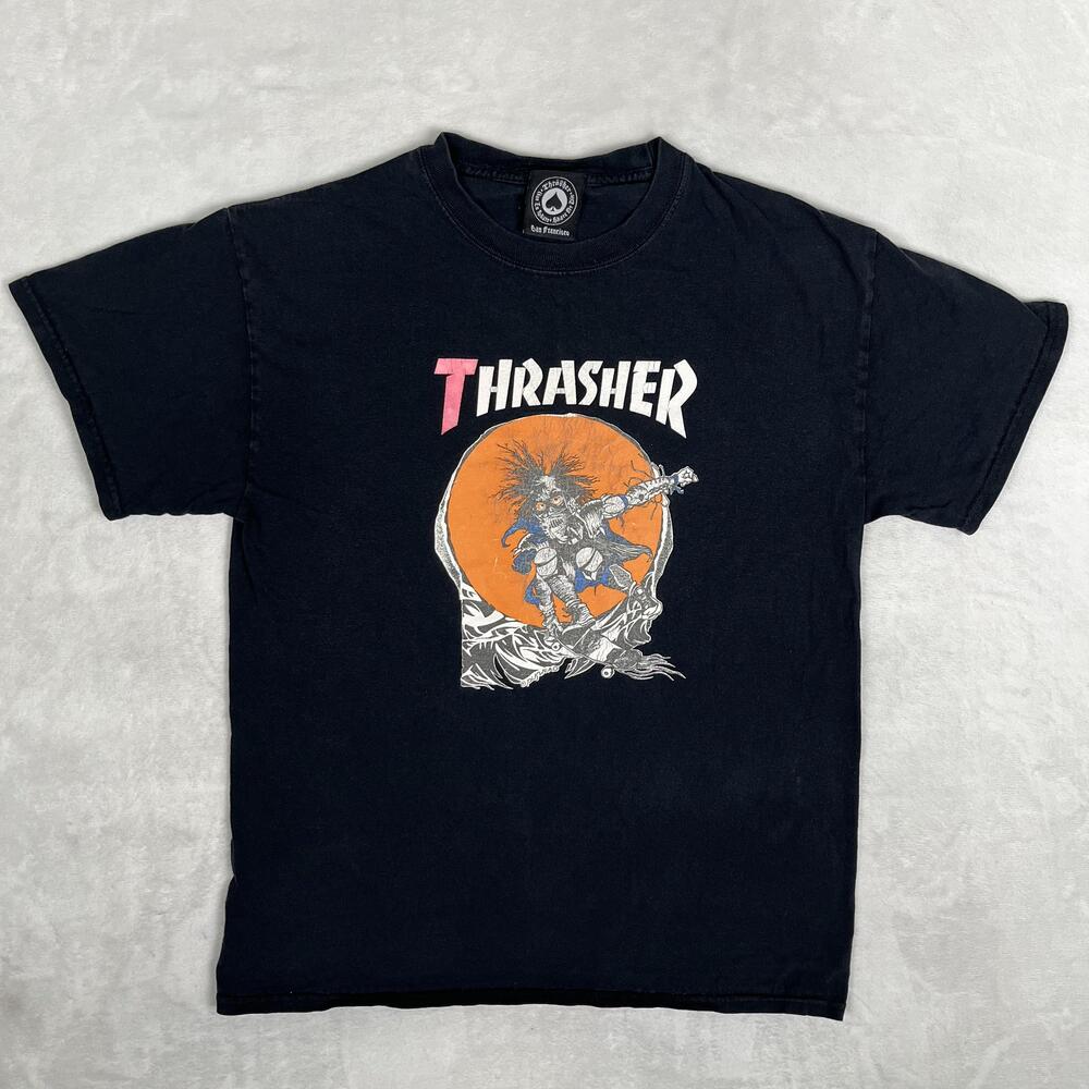 Vintage Thrasher T-Shirt Mens Medium Black Pushead Skeleton Skater Punk Graphic